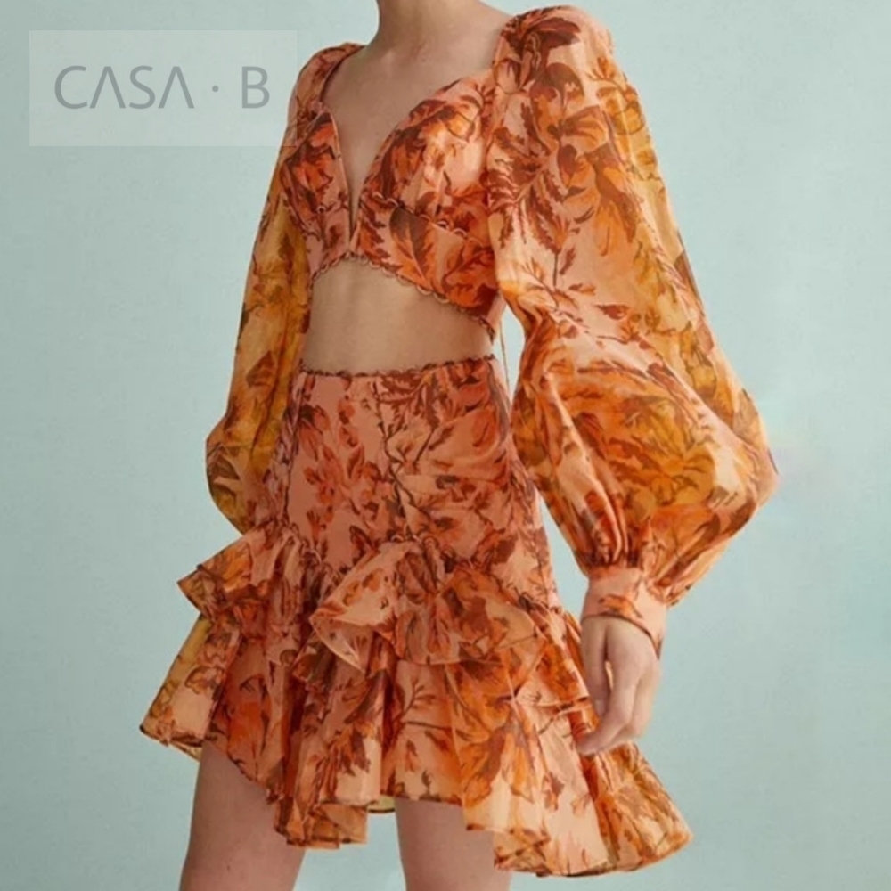 5⭐️CASA B| Delaney Floral Puff Sleeve Blouse/ Ruffled Skirt Set